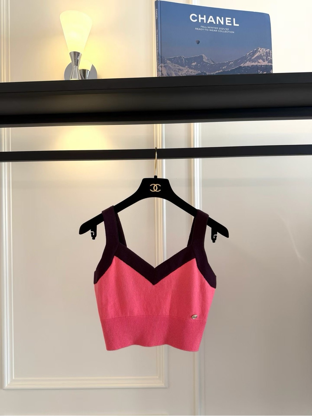 Chanel Pink And Plum Knit V-Neck Crop Top
